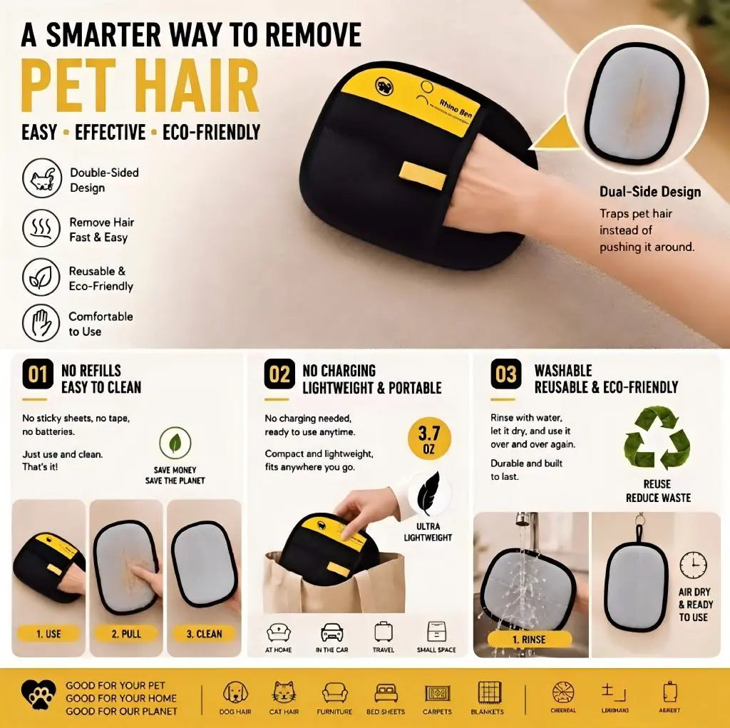 Pet Hair & Fur Removal Glove Tool - Upgraded 2-Way Electrostatic Reusable Sticky Brush Mitt for Cats, Dogs, Washable, Durable, Effective on Stubborn Fur, Lint for Couch, Furniture, Car Seats, Fur Removal Tool